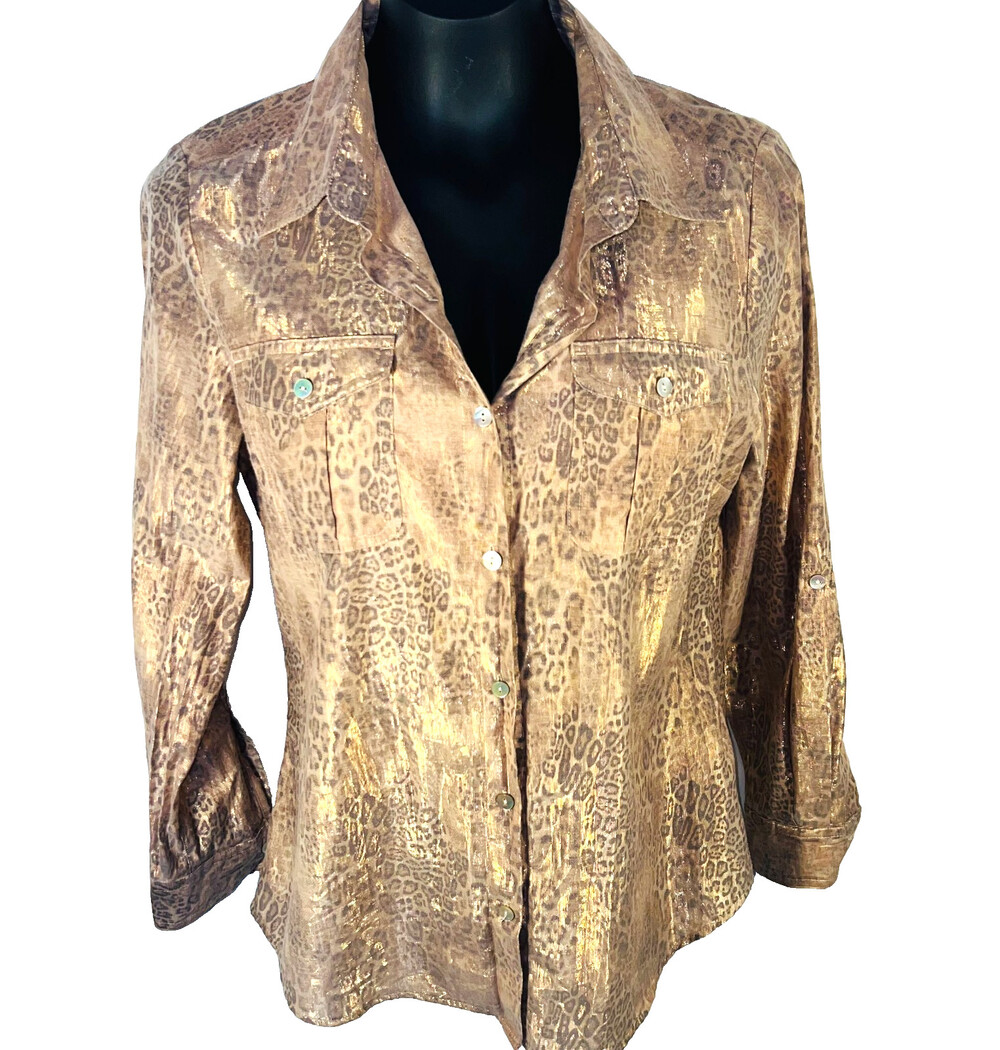 Ruby Rd. - Blouse Women's Size 8 Rose Gold Cheetah Button Up Shirt
